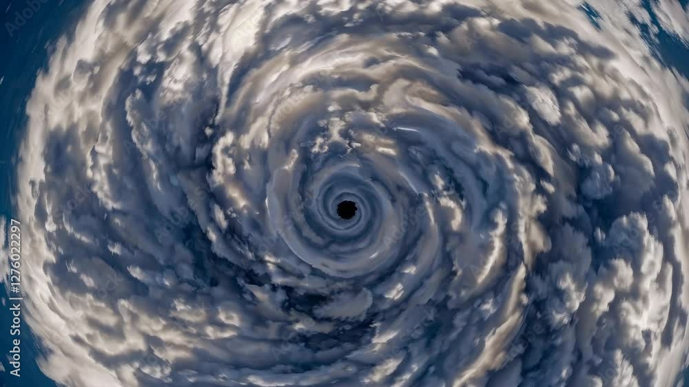 Poster aerial video captures a swirling vortex of clouds, creating a dramatic, eye-catching spiral pattern 