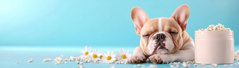 French Bulldog Puppy Napping Beside Chamomile Flowers and Cream on a Pale Blue Surface for Wellbeing