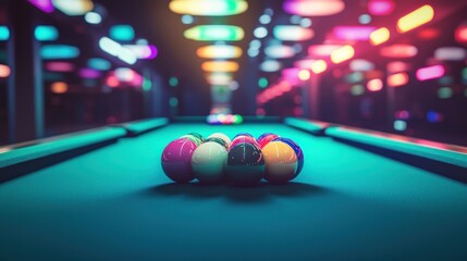 Neon-lit pool table surrounded by colorful billiard balls, setting the tone for a lively and energetic game night