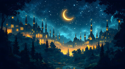 Fototapeta premium Night scene, crescent moon above a mystical city nestled in a forest, fantasy illustration, ideal for game backgrounds