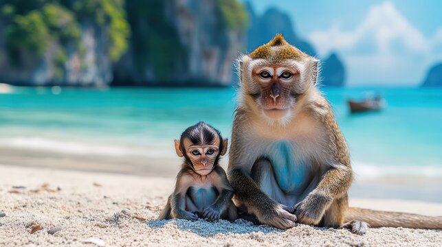 Monkey, baby, beach, island, tropical, paradise, boat, family, wildlife, nature