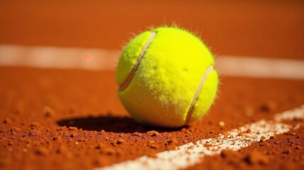 Bright yellow tennis ball rolls on a red clay court during an afternoon match