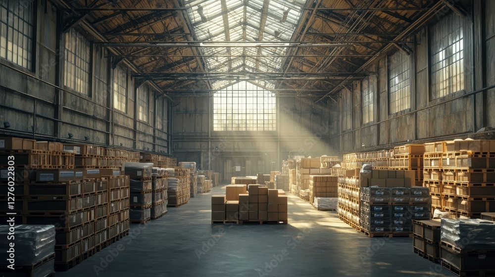 Poster a spacious warehouse filled with stacked boxes, illuminated by sunlight streaming through large wind