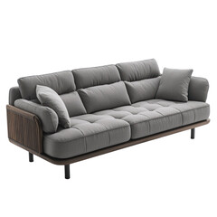 Fototapeta premium Modern gray sofa with wooden accents in a cozy room isolated on png transparent background, cut out