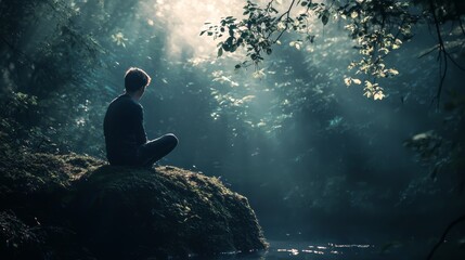 Fototapeta premium Silhouetted person meditating in a forest with mystical lighting