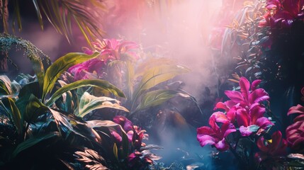 Tropical fantasy landscape with pink foliage and mist
