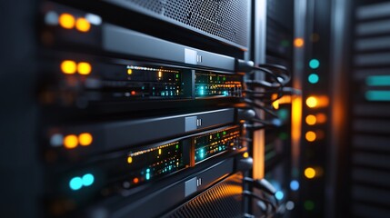 Fototapeta premium close-up of a server rack with lights, showcasing data center infrastructure and technology.