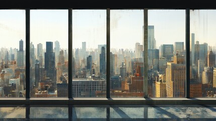 Panoramic city view from large window, showcasing skyscrapers and urban landscape.