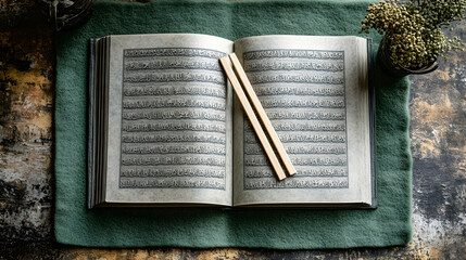 Obraz premium Open ancient book, chopsticks, plants, rustic table, spiritual reading