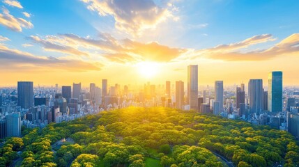 Stunning Tokyo Skyline Sunset Over Lush Green Park