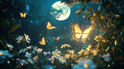 Obraz premium magical moonlit garden with glowing butterflies