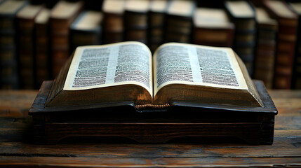 Open antique bible on wooden lectern, library background; religious, education concept