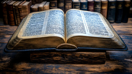 Obraz premium Open antique book on wooden desk, library background; education, religion concept