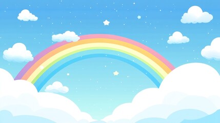 Pastel Rainbow Dreamland: A whimsical illustration of a rainbow arching over fluffy clouds and a pastel sky, sprinkled with tiny stars