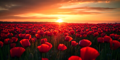 Obraz premium Breathtaking landscape of a poppy field at sunset with the sun dipping low on the horizon, casting a warm glow over the vibrant red flowers