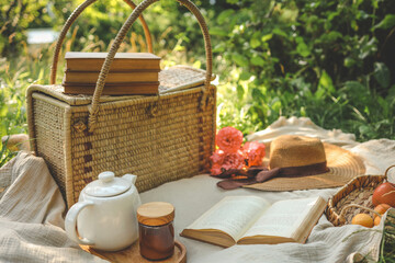 Vintage-style summer picnic setup on a soft beige blanket with a straw hat, an open book, a wicker basket, fresh fruits, and a teapot in lush green grass under warm sunlight