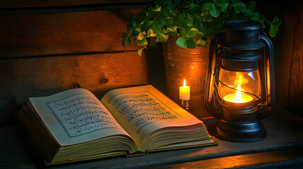 Open holy book, lantern, candle, wooden shelf, nighttime reading, religious study