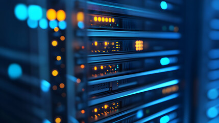 Naklejka premium Data Center Server Racks with Glowing Lights