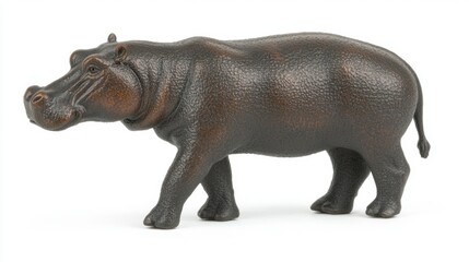 Obraz premium Dark Brown Hippo Figurine Walking Forward on a Plain White Background in Bright Studio Lighting