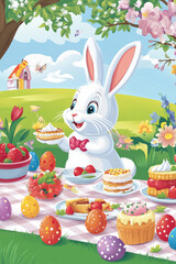 A cartoon-style Easter Bunny enjoying an Easter feast, sitting at a picnic table filled with painted eggs, cakes, and fresh fruit.
