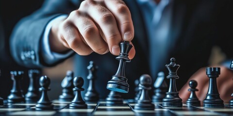 Chess Mastermind: A close-up shot of a focused hand strategically moving a chess piece, symbolizing planning, strategy, and calculated decision-making in a high-stakes game. 