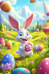 A cheerful cartoon-style bunny surrounded by oversized Easter eggs, hopping joyfully through a bright and colorful fantasy meadow.