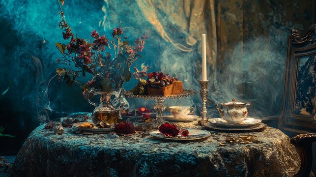 Vintage tea party setup with antique decor