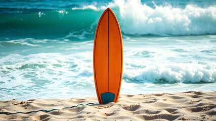 A surfboard standing upright in the sand, with waves crashing in the background. The bright colors of the board contrast with the deep blue ocean, capturing the essence of adventure and summer fun