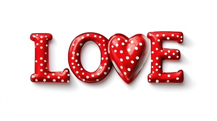 Red love text with polka dot heart and glossy letters isolated on white background