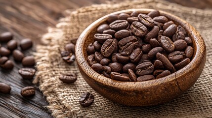Fototapeta premium Bowl of roasted coffee beans on burlap