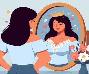 National woman day event, woman day standing in front of the mirror proudly