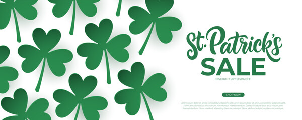 St. Patrick's Sale. Commercial banner with hand lettering and green lucky clovers for Saint Patricks Day holiday shopping promotion and sale advertising. Vector illustration.