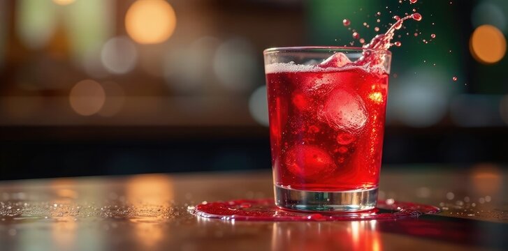 Fizzy red liquid splashes onto the table's surface, table, refreshments