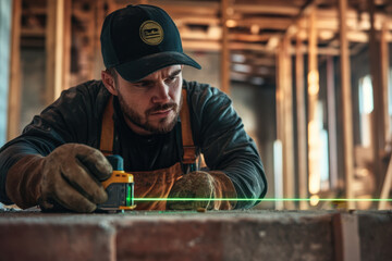 Construction worker using laser level in building under construction