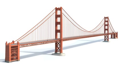 Fototapeta premium Golden Gate Bridge with red suspension cables and towers isolated on white background