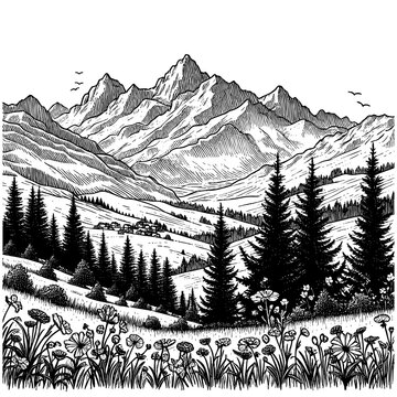 mountain landscape with rolling hills, dense pine forests, and rugged peaks in a classic illustration style sketch engraving generative ai PNG illustration. Scratch board. Black and white image.