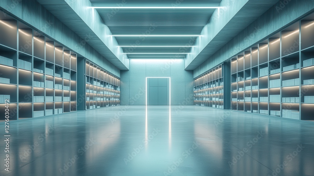 Poster a modern, minimalistic storage space with illuminated shelves, creating a futuristic atmosphere of o