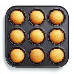 Nine freshly baked golden cupcakes in a black baking tin.