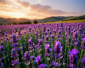 A vibrant field of lavender blooms under a stunning sunset, with rolling hills in the background creating a picturesque landscape.