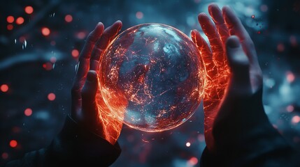 "Hands Holding a Glass Sphere with Miniature Ecosystem – Symbolizing Nature Conservation and Ecosystem Balance"