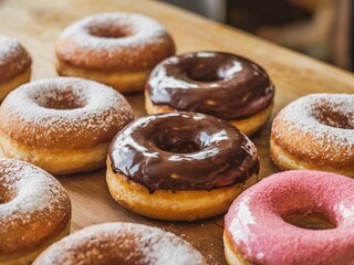 Delicious selection of powdered and glazed donuts, beautifully arranged on a rustic wooden surface, perfect for conveying indulgence and the joy of comfort food