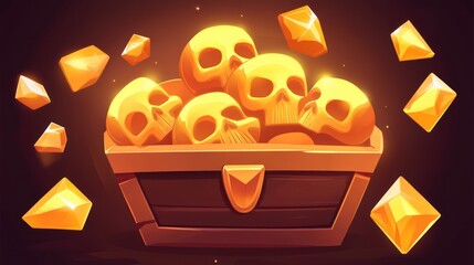 Golden Skulls Treasure Chest Game Art Gems Illustration