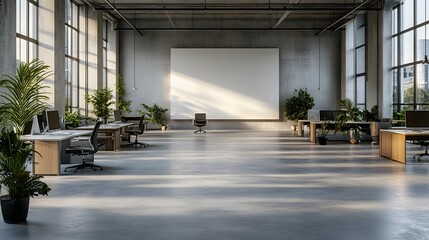 Modern office interior with desks and chairs in an open space setting, featuring a blank white wall on the right for copy space. 3D Rendering,

