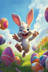 A cheerful cartoon-style bunny surrounded by oversized Easter eggs, hopping joyfully through a bright and colorful fantasy meadow.