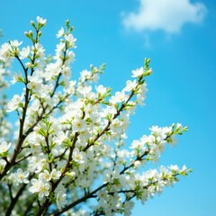 Fototapeta premium Spring bush with white flowers against a blue sky background, spring, blue sky