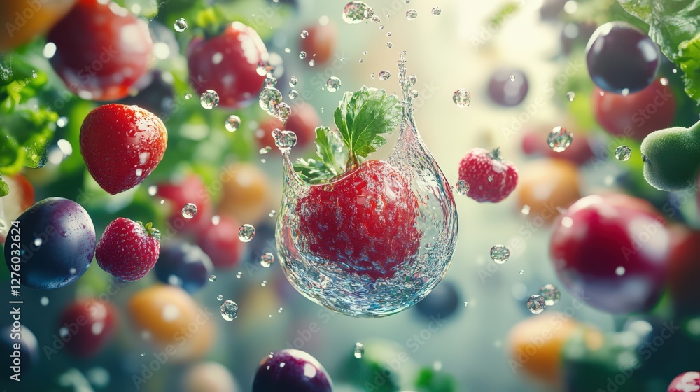 Poster fresh fruits splashing in water with vibrant colors, creating a dynamic and refreshing scene