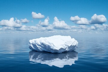 Iceberg in Calm Waters - A solitary iceberg floats serenely in a calm ocean, under a bright blue sky dotted with fluffy white clouds