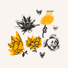 Set of different flowers. Vector illustration, print, design elements. Vintage halftone, mixed media, pixel art