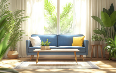 Bright living room with blue sofa and lush plants