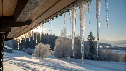 Water droplets dripping from icicles as they melt in winter sunlight